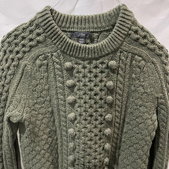 EUC J.Crew Cable Knit Pom Pom Wool Sweater Forrest Green XXS - Picture 3 of 7